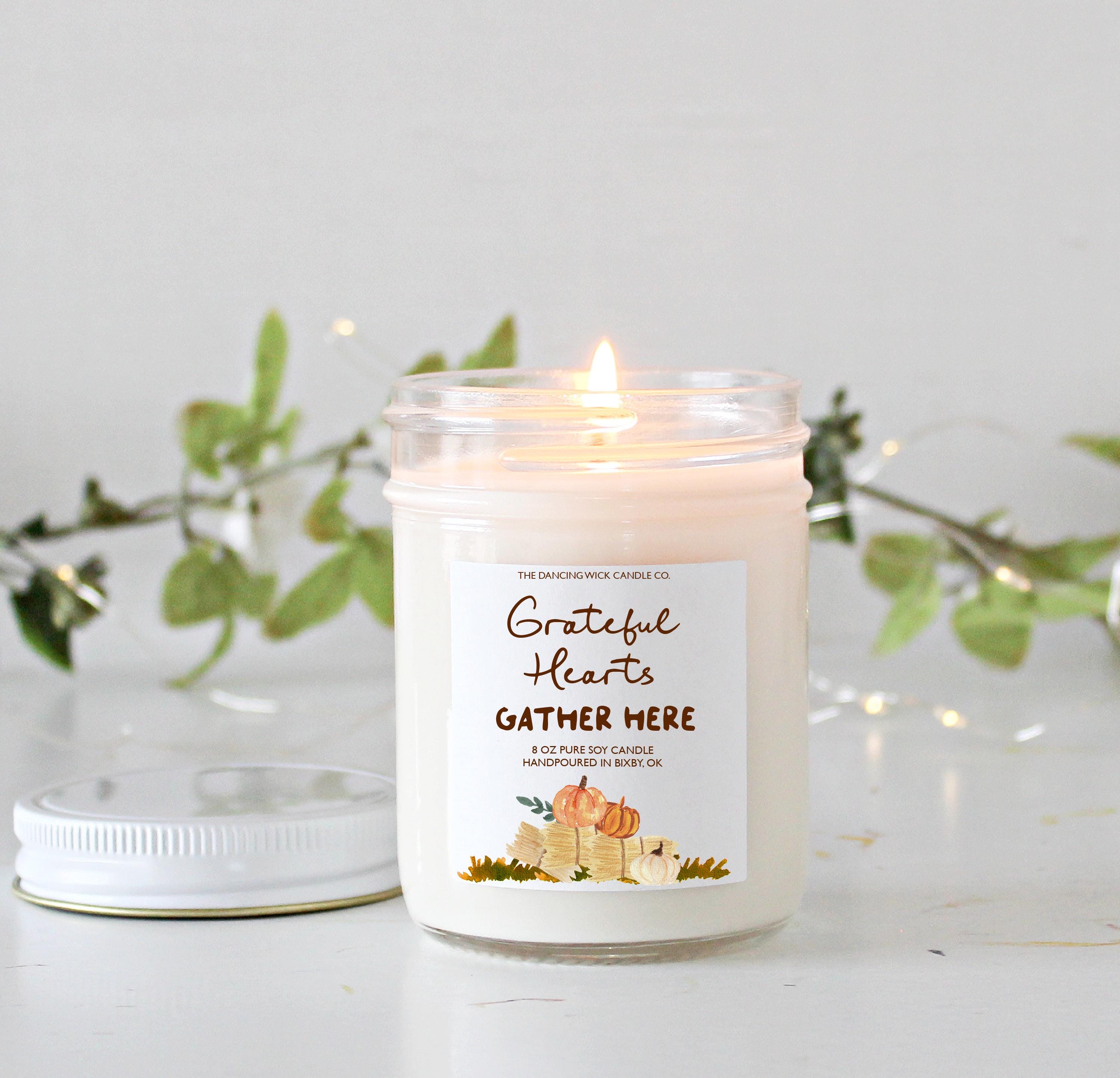 Grateful Hearts Gather Here / Thanksgiving Table Candle / Hostess Gift / Thanksgiving Gift / 16 oz. Pure Soy / Thanksgiving Decor