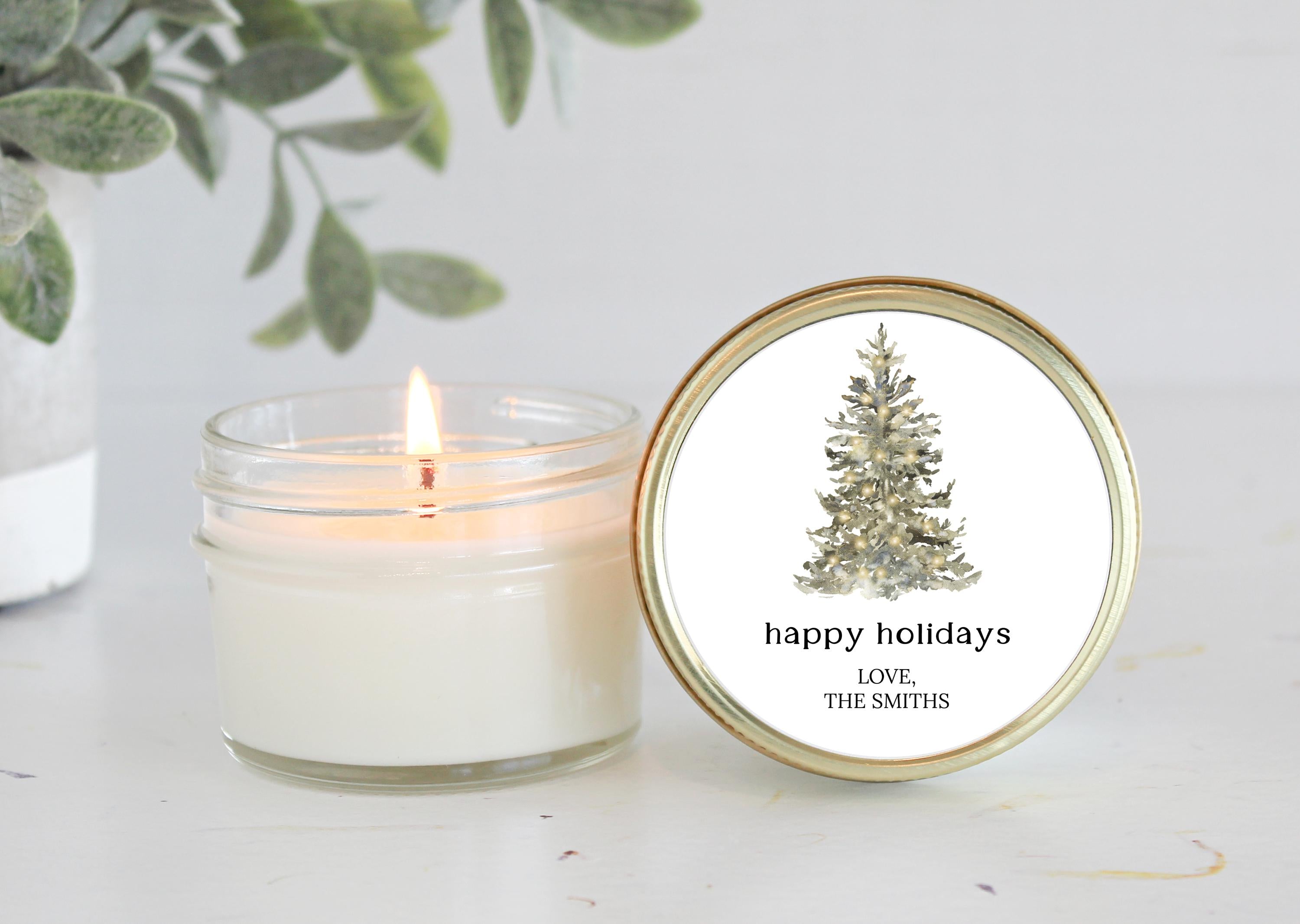 Bulk Christmas Candles / Corporate Gift / Christmas Gift / Personalized Favor/ Christmas tree / Happy Holidays Personalized 4oz Soy Candles
