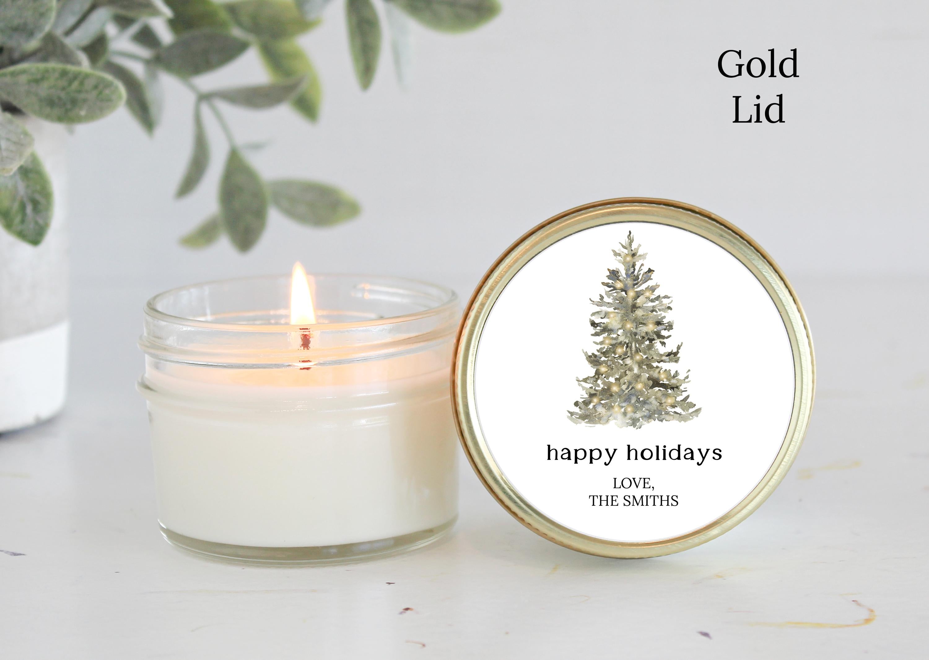Bulk Christmas Candles / Corporate Gift / Christmas Gift / Personalized Favor/ Christmas tree / Happy Holidays Personalized 4oz Soy Candles