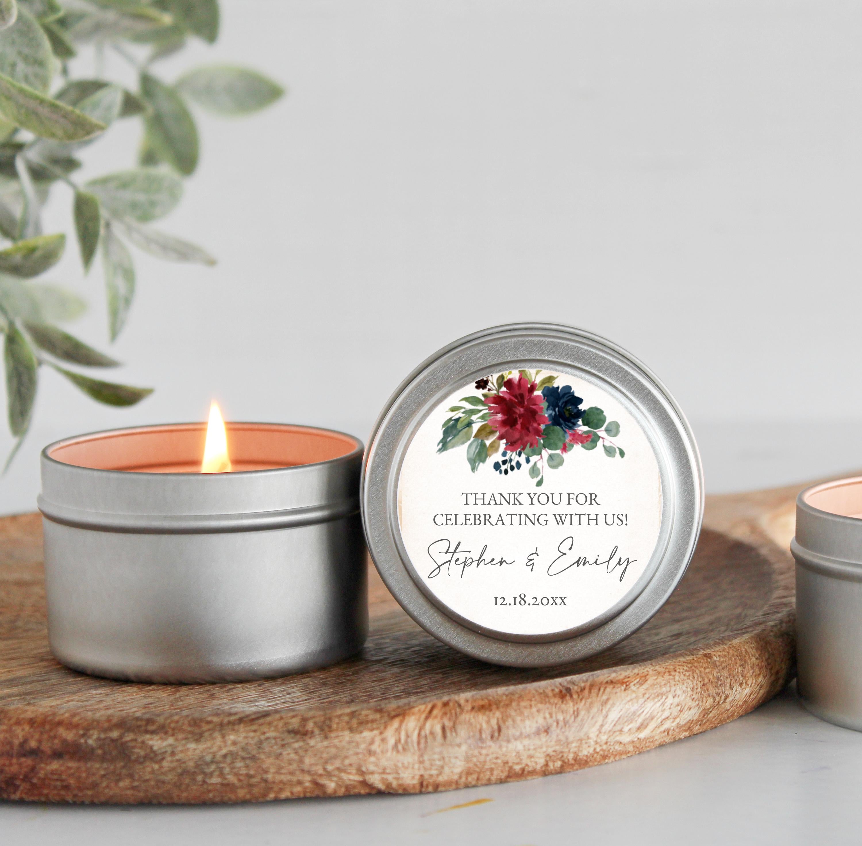 Wedding Favors / Bulk for Guests / Jewel Floral Candle Favors / Set of 10 Candle Tin Favors / Personalized / Fall and Winter Wedding / Moody