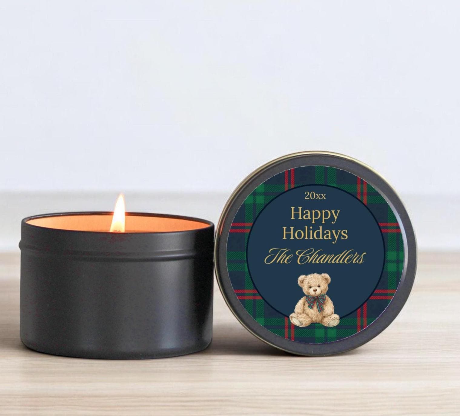 Personalized Christmas Candle Gifts | Tartan Plaid Teddy Bear Design | Custom Holiday Candles Sold in Sets of 10 | Family or Corporate Gift