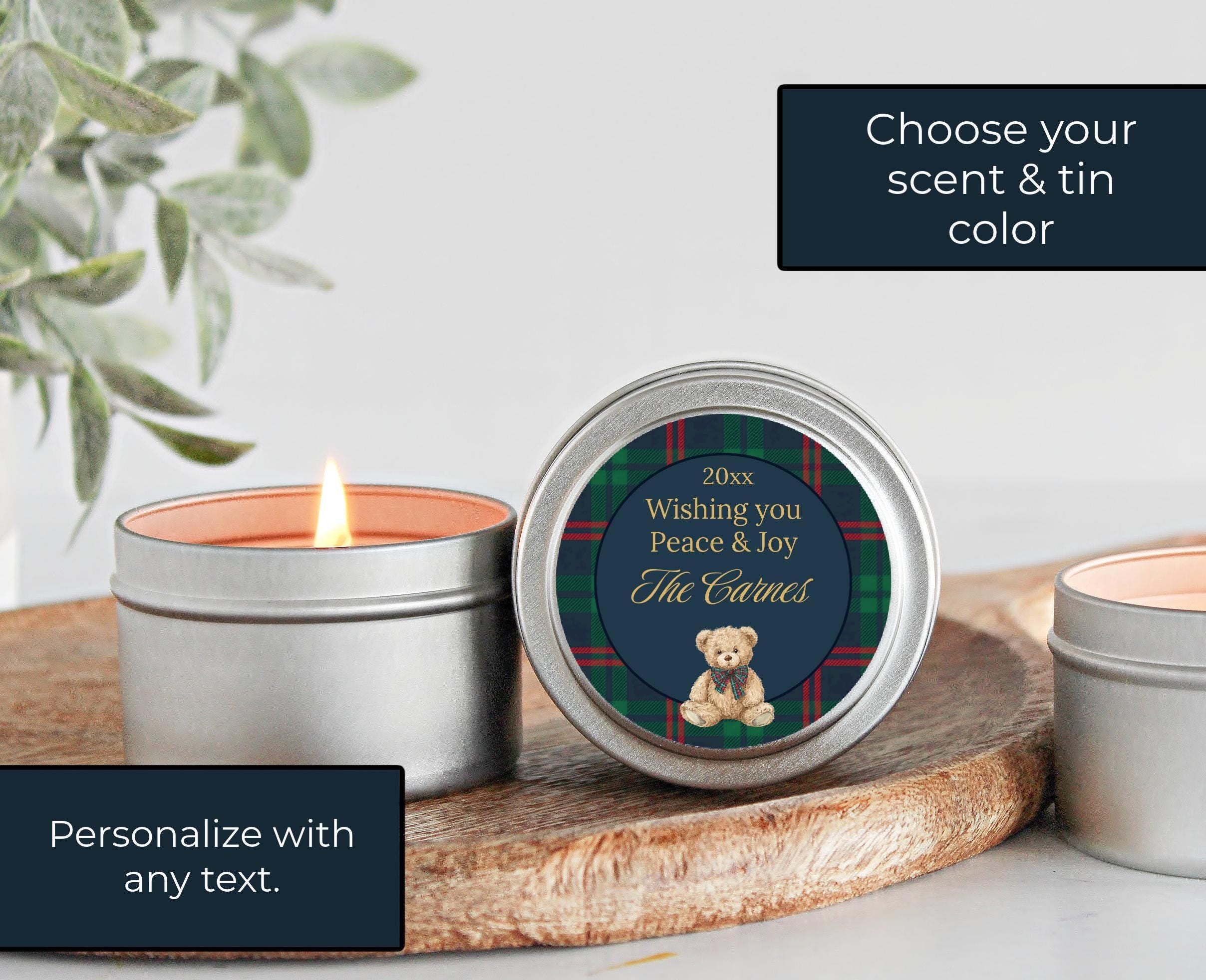 Personalized Christmas Candle Gifts | Tartan Plaid Teddy Bear Design | Custom Holiday Candles Sold in Sets of 10 | Family or Corporate Gift