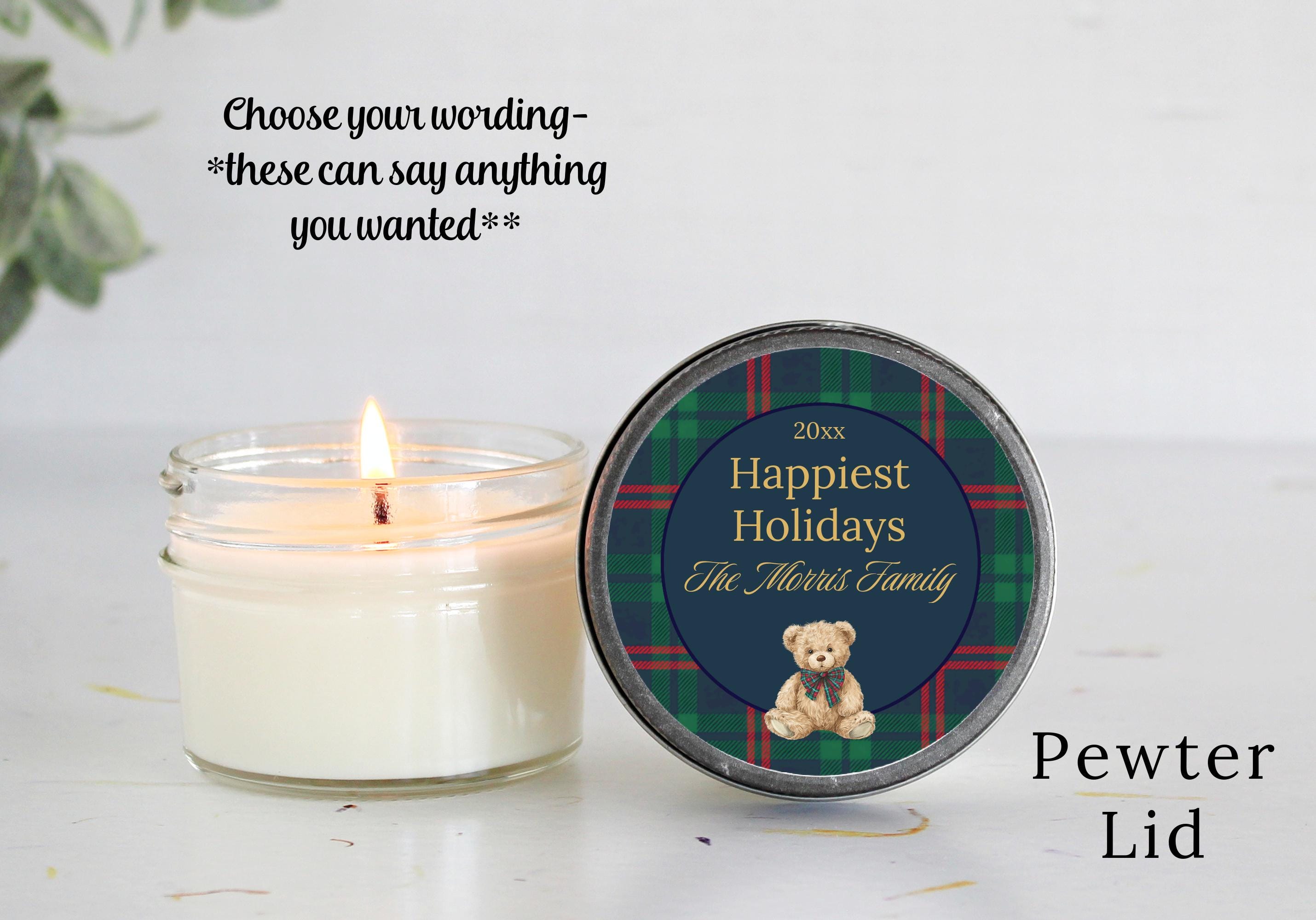 Tartan Plaid Bear Christmas Candle Gift – Personalized 4oz Soy Candle, Classic Holiday Style