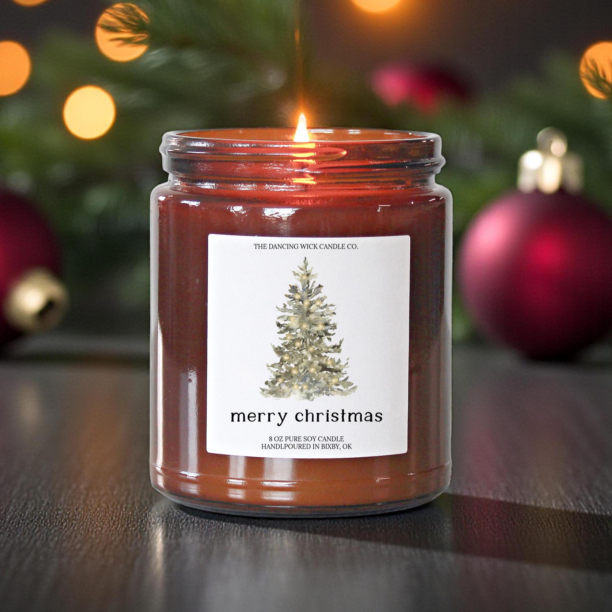 Personalized Merry Christmas Candle – Amber Jar Holiday Gift – 4oz & 8oz Soy Candle - Christmas Tree Design