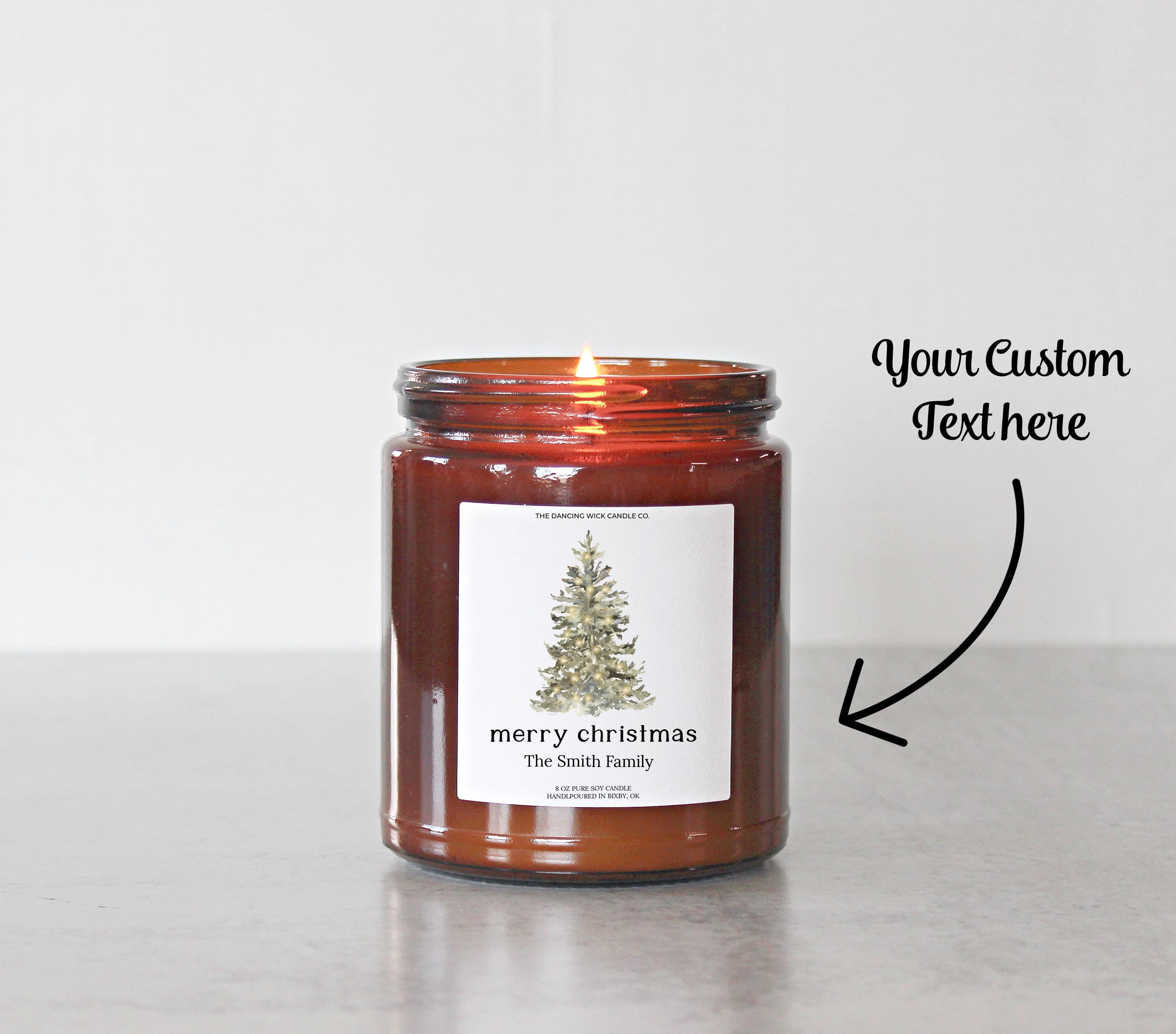 Personalized Merry Christmas Candle – Amber Jar Holiday Gift – 4oz & 8oz Soy Candle - Christmas Tree Design