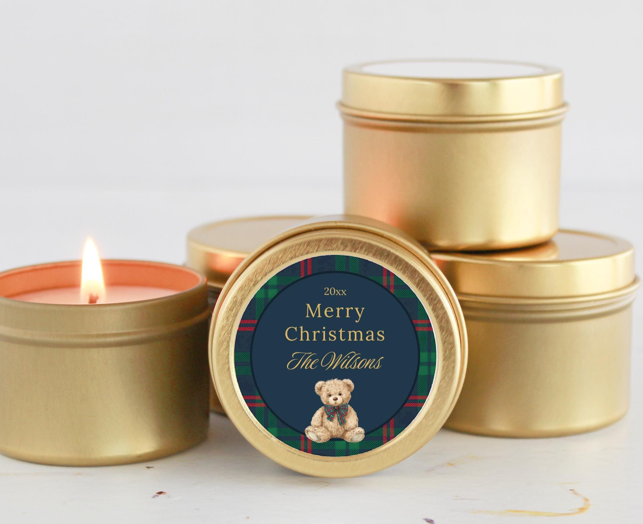 Personalized Christmas Candle Gifts | Tartan Plaid Teddy Bear Design | Custom Holiday Candles Sold in Sets of 10 | Family or Corporate Gift