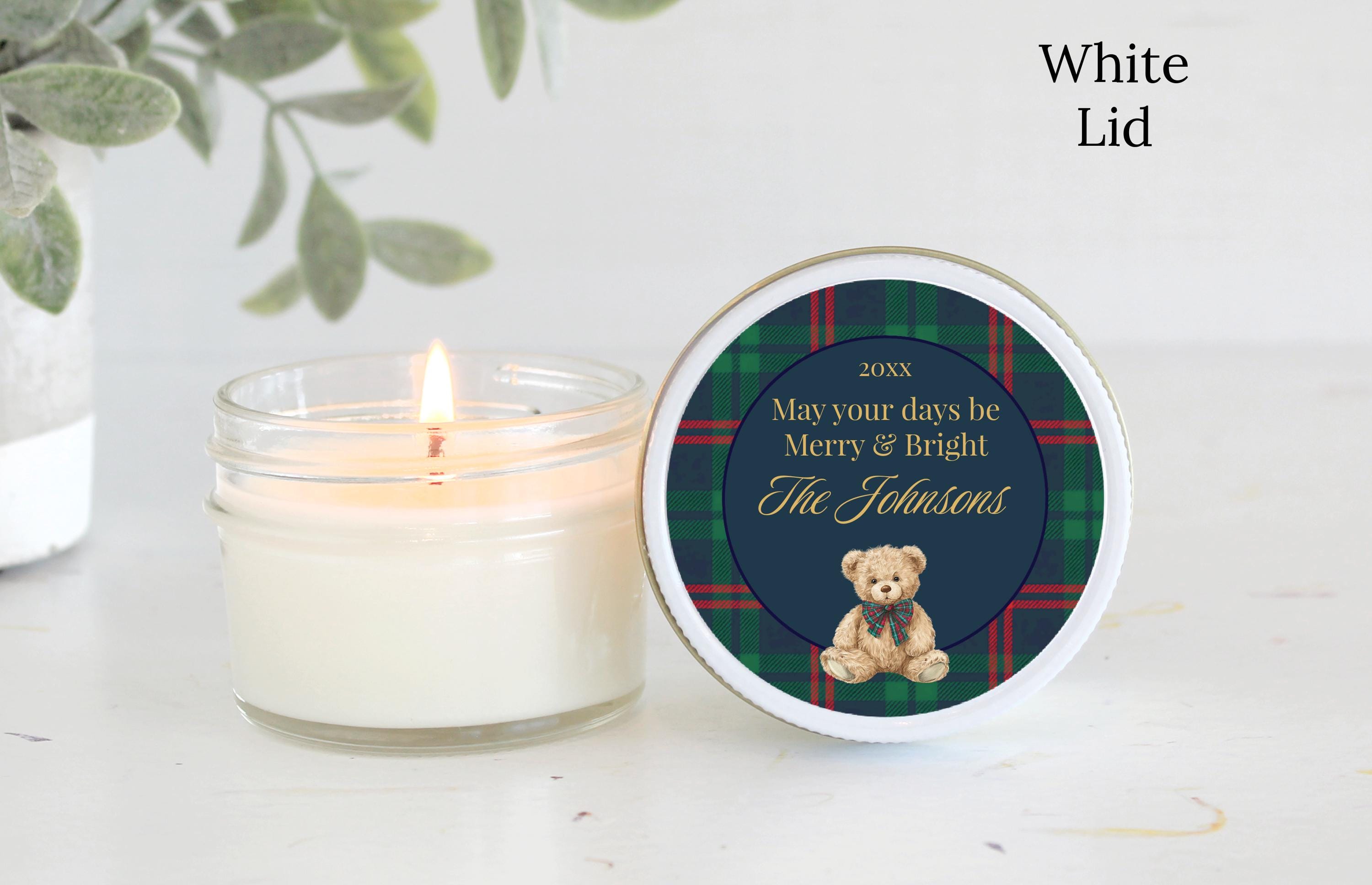 Tartan Plaid Bear Christmas Candle Gift – Personalized 4oz Soy Candle, Classic Holiday Style