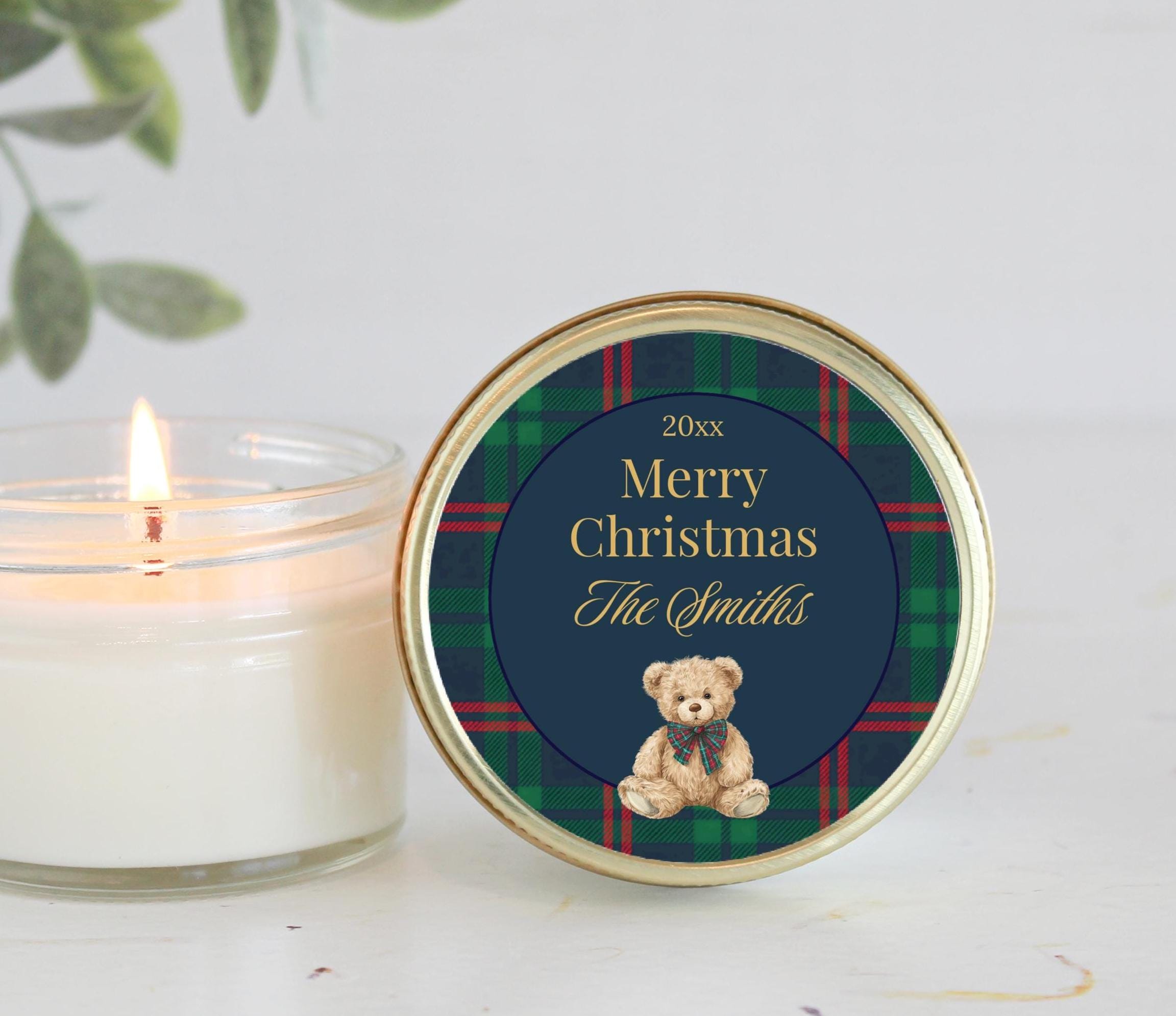 Tartan Plaid Bear Christmas Candle Gift – Personalized 4oz Soy Candle, Classic Holiday Style